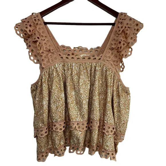 Anthro Let Me Be Eyelet Swing Top Sz XL Sleeveless Tiered Silhouette Boho Dreamy - Picture 3 of 16